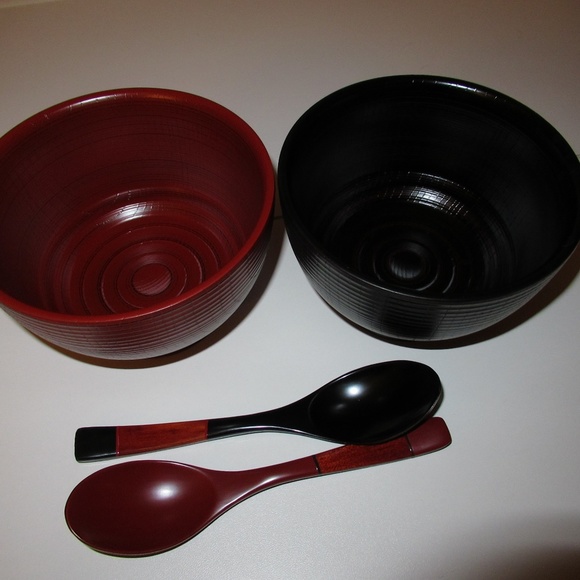 Japanese Lacquerware Ramen Bowls with spoons - Picture 2 of 12
